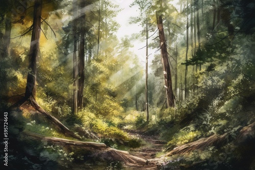Watercolor illustration of forest with coniferous trees against natural background. Generative AI