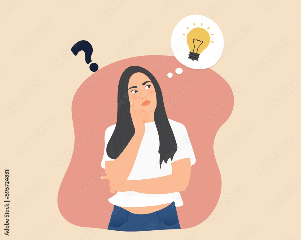 Beautiful young woman with long hair is contemplating, planning, analyzing work and income for a comfortable life. Vector illustration. Beautiful young woman with long hair is contemplating, planning, analyzing work and income for a comfortable life. Vector illustration.