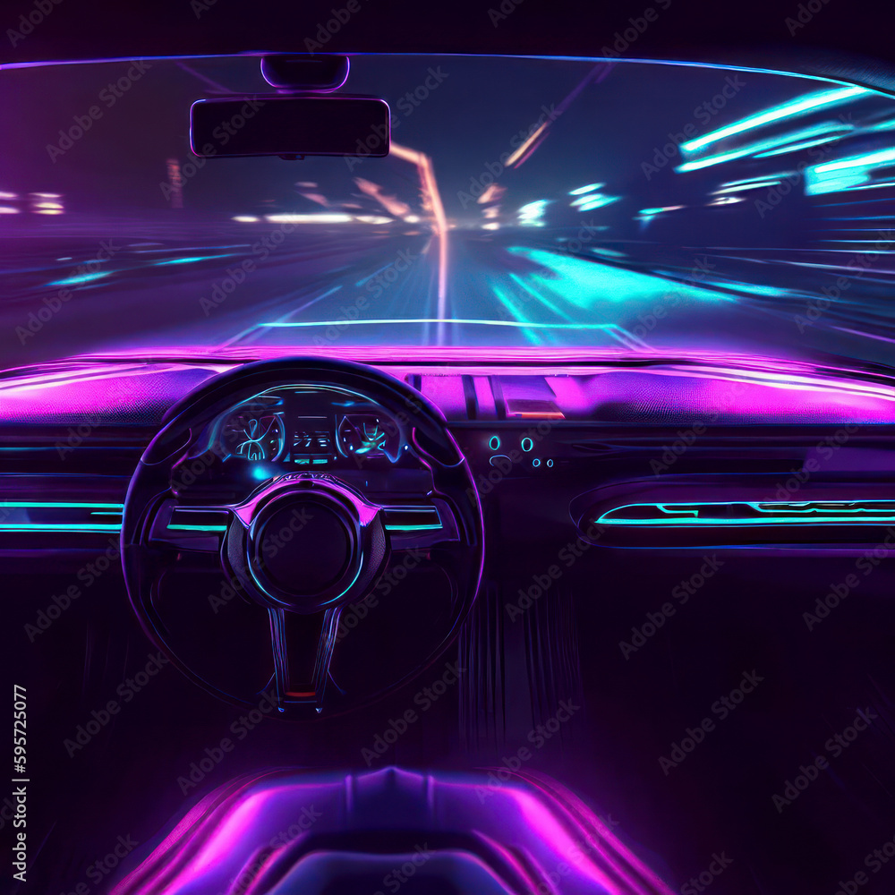 View inside futuristic supercar above the dashboard, purple neon, generative AI View inside futuristic supercar above the dashboard, purple neon, generative AI