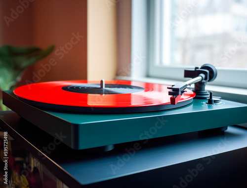 Vintage Old Turntable with a Red Vinyl Record. Generative ai