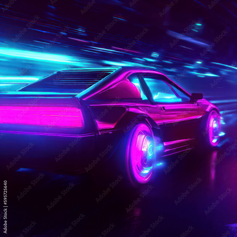 Futuristic synth-wave driving in the night in purple neon colors, generative AI Futuristic synth-wave driving in the night in purple neon colors, generative AI