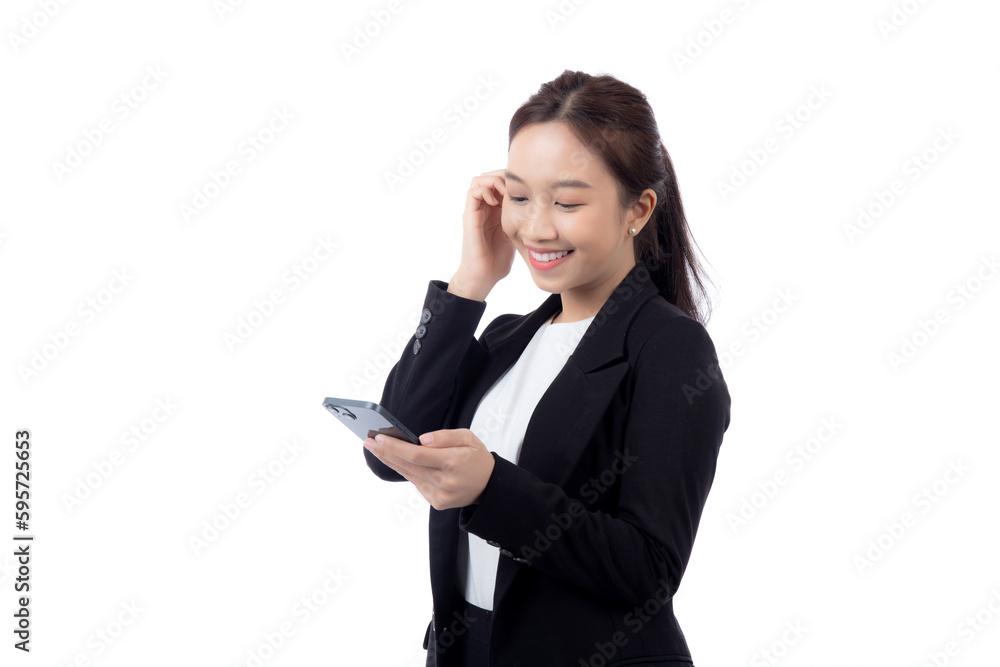 Portrait young asian businesswoman using smartphone isolated on white background, business woman standing and looking smart phone with confident, female using telephone, cut out, one person. Portrait young asian businesswoman using smartphone isolated on white background, business woman standing and looking smart phone with confident, female using telephone, cut out, one person.
