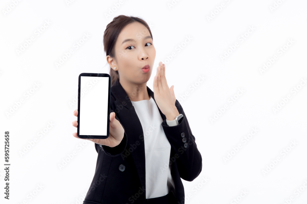 Portrait young asian business woman showing and presenting smartphone with blank with mockup isolated on white background, businesswoman standing and holding phone mock up, communication concept. Portrait young asian business woman showing and presenting smartphone with blank with mockup isolated on white background, businesswoman standing and holding phone mock up, communication concept.
