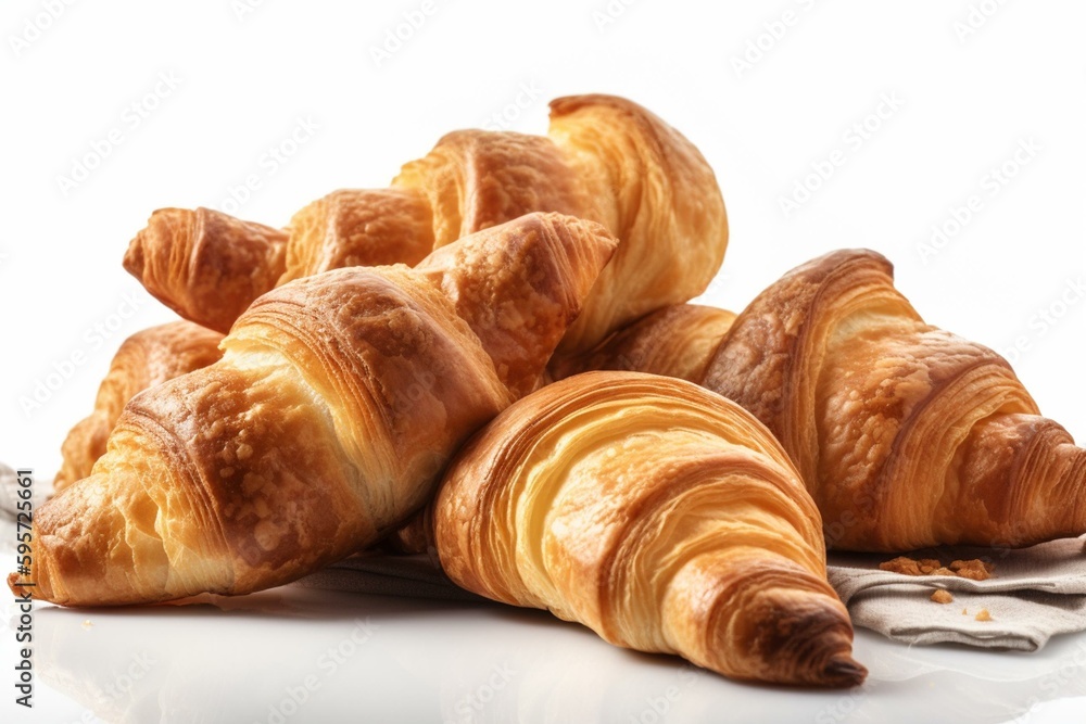 Fresh, mouth-watering croissants isolated on white. Perfect for a French breakfast or snack. 3D rendering. Generative AI