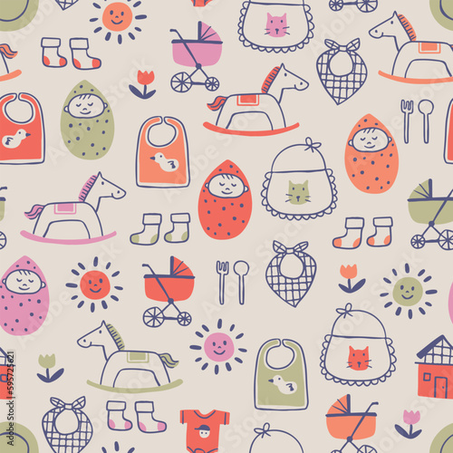 Seamless pattern of baby doodle toys collection sketch illustration fun background