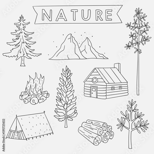 Set of hand drawn illustrations mountain, trees, camping, cabin sketch doodles