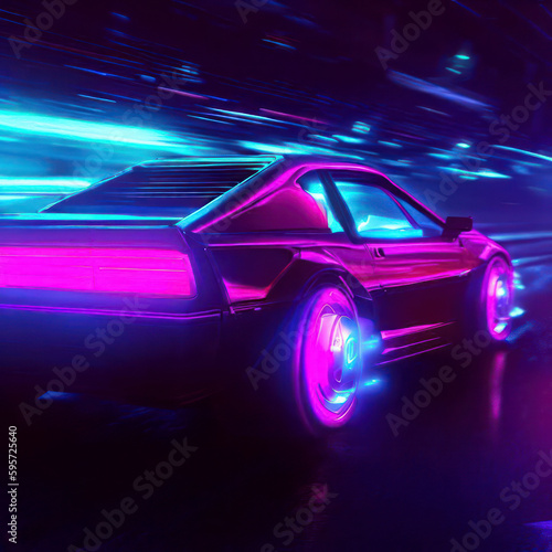 Futuristic synth-wave driving in the night in purple neon colors  generative AI