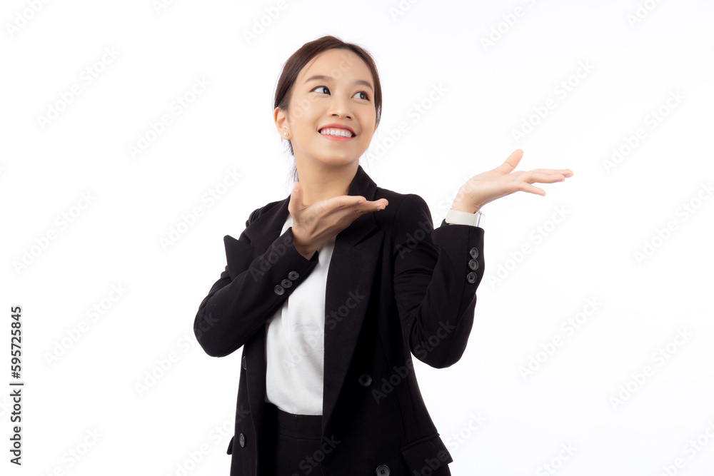 Portrait young asian business woman presenting isolated on white background, advertising and marketing, executive and manager, businesswoman standing with confident showing something with expression. Portrait young asian business woman presenting isolated on white background, advertising and marketing, executive and manager, businesswoman standing with confident showing something with expression.