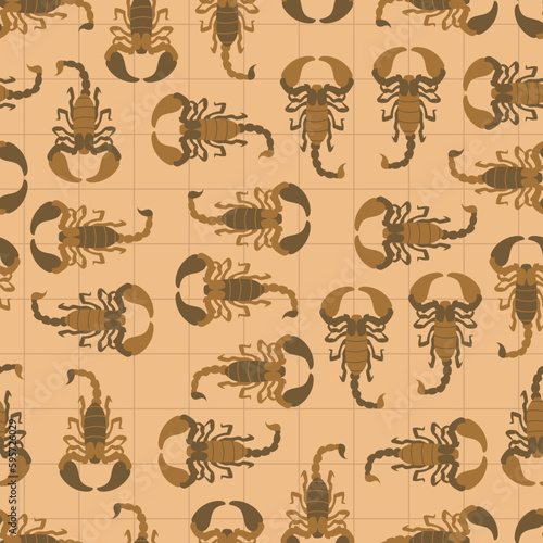Seamless pattern of scorpion in beige brown grid background wallpaper © cocomi