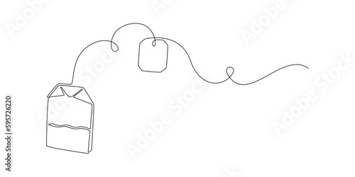 One continuous line drawing of paper tea bag. Hot herbal drink for morning routine and breakfast in simple linear style. Editable stroke. Doodle vector illustration