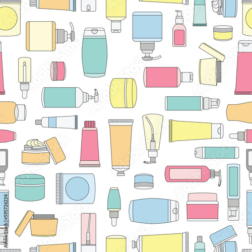 Seamless pattern of makeup skincare beauty bottles packagings illustration 