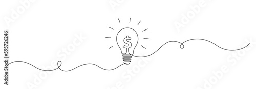 One continuous line drawing of light bulb with dollar sign. Money making idea and high cost of electricity creative concept in simple linear style. Financial saving energy. Doodle vector illustration
