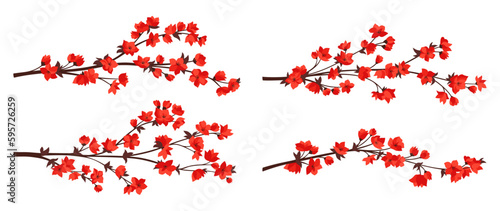 Cherry blossom sakura twigs with red flowers collection. Elegant Japanese blooming branches plant with flowers set. Asian Chinese spring decorative cherry blossoming. Vector oriental illustration