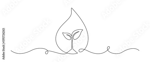 One continuous line drawing of plant insight drop of water. Naturally grown agriculture without pesticides concept in simple linear style. Fresh washing and dry cleaning. Doodle vector illustration