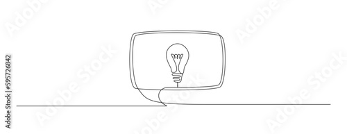 One continuous line drawing of speech bubble with light bulb. Creative idea and help dialogue frame concept in simple linear style. Brainstorm and info message symbol. Doodle vector illustration