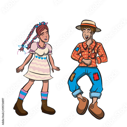 Festa Junina. Brazilian traditional celebration. Young man and young woman in farm clothes dancing. Vector illustration isolated on transparent background.