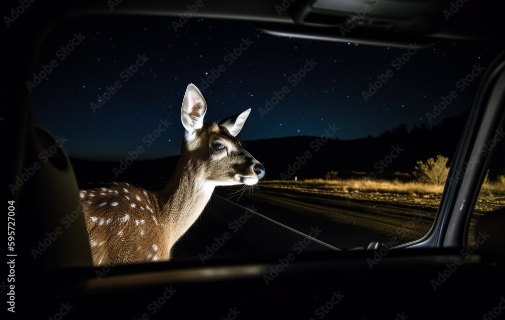 Fototapeta premium View from the inside of a car, deer standing in the middle of the road, illuminated by the car headlights. Danger of hitting deer with a car. Generative AI