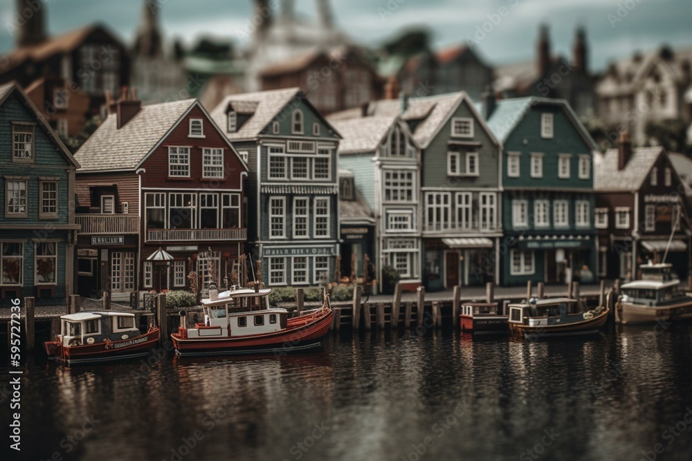 Digital art depicts charming buildings in harbor town. Generative AI