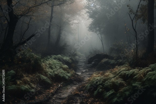 Dark woodland surrounded by mist. Generative AI