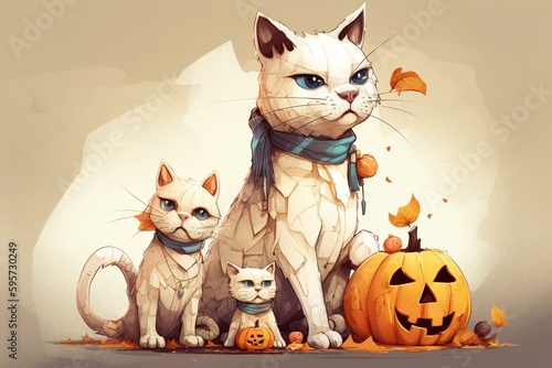 Cartoon cat dressed as mummy, bat, pumpkin, and candy for Halloween. Watercolor style. Generative AI