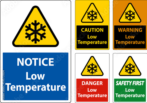 Caution Low temperature symbol and text safety sign.