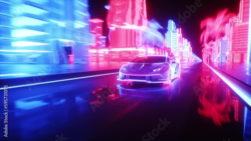 Neon Glowing Sport Car Riding in Neon City