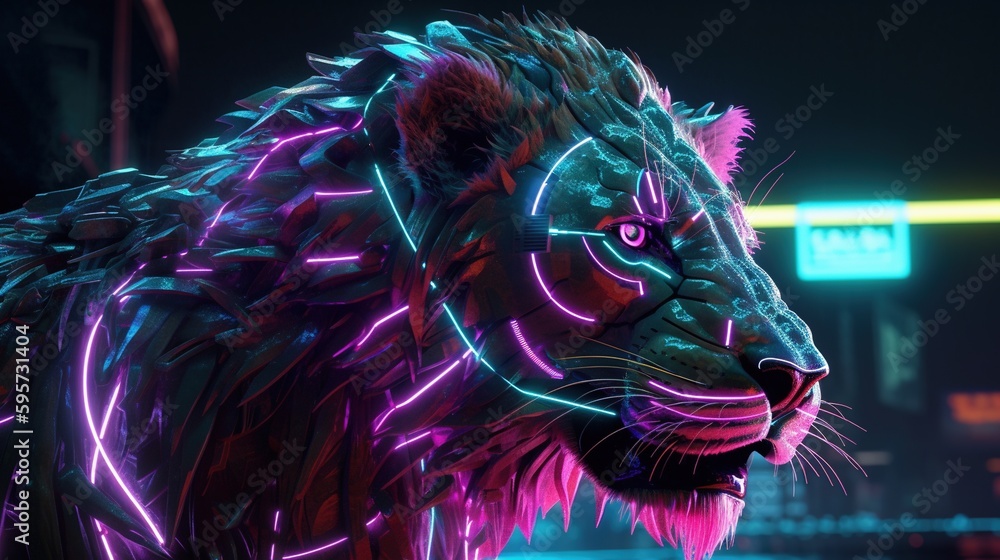 cyberpunk lion, digital art illustration, Generative AI