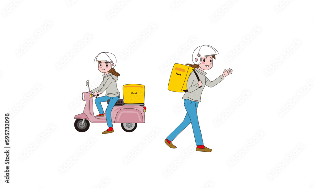 スクーターに乗って宅配をする女の子のイラスト スクーターに乗って宅配をする女の子のイラスト