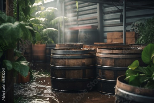 Sustainable water reuse with rainwater harvesting and barrels. Generative AI © Danilo