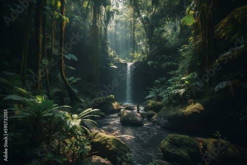 Stunning waterfall in Ubud  Bali. Hidden in the jungle. Generative AI