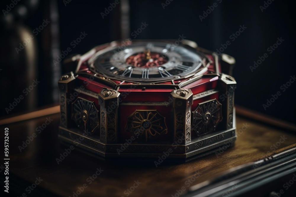 Red and grey geometric steampunk style clock in octagon shape. Generative AI