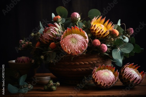 Digital flower arrangement featuring large proteas and pincushions. Generative AI