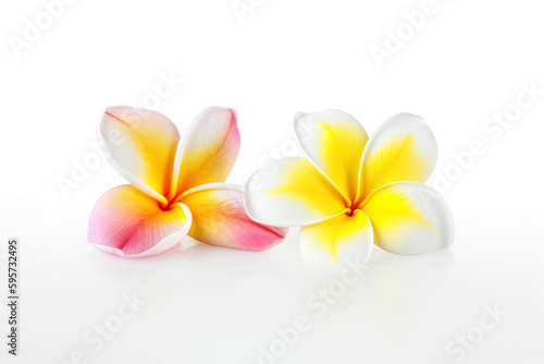 Tropical beautiful flowers, frangipani plumeria flower isolated on white background. Created with Generative AI Technology