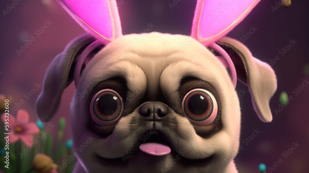 funny pug in pink bunny ear, digital art illustration, Generative AI