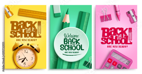 Back to school vector poster set design. School back text in empty space with educational elements. Vector illustration education background collection.