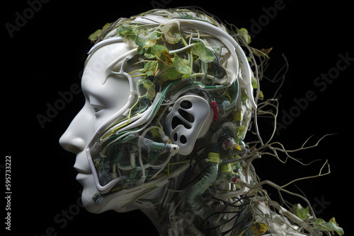 Humanoid Robot connected with Nature. White futuristic Human Cyborg  AI Head with Tree Leafs. Sustainable Future 