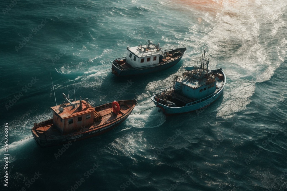 Three boats on ocean, one with contrasting hues. Generative AI