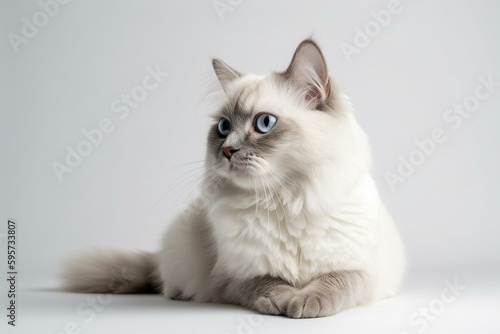 Full-bodied white Ragdoll cat on a white background. Generative AI