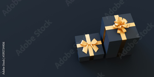 A couple of gift boxes with a golden ribbon on a black box. 3d rendering