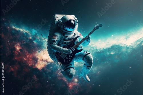 Fotografia Contemporary abstract art of astronaut or spaceman floating in the vastness of space while playing guitar in dark blue universe with brighten stars and nebular background