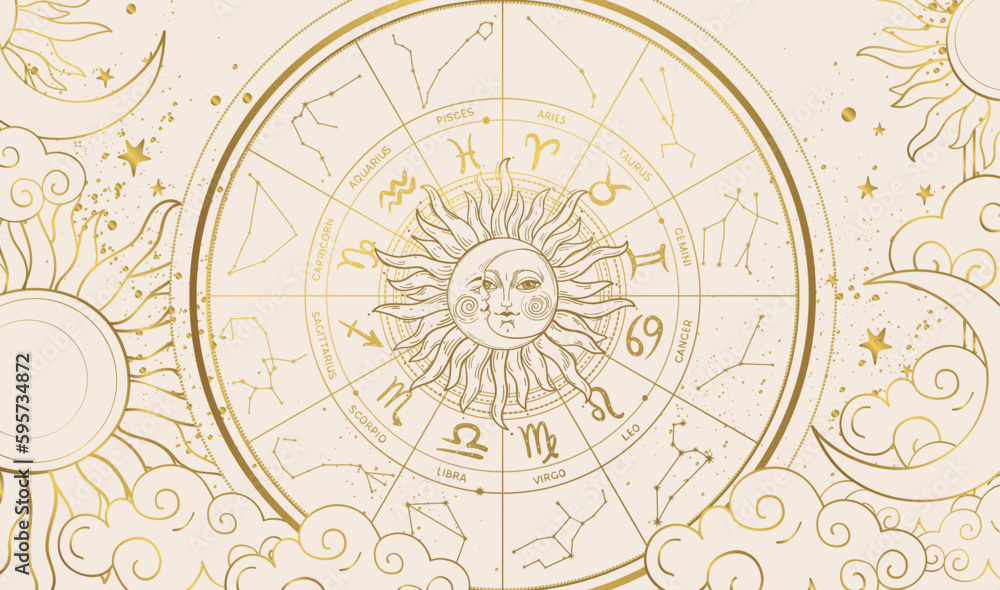 Zodiac wheel with 12 signs and constellations, astrology vintage banner with golden sun and moon, horoscope background. Hand drawn vector illustration, modern aesthetic.