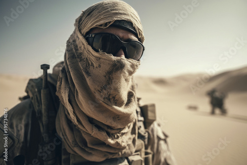 Special forces soldier in disguise in combat, intense enviroment, secret mission. Generative AI.