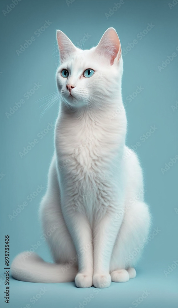 White Turkish Angora cat, blue eyes,sitting pose, in the turquoise blue background studio with Generative AI technology