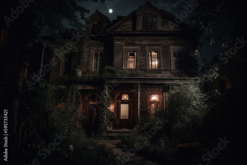 Spooky night at an antique house. Generative AI