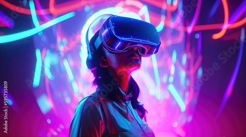 woman in VR glasses in neon space, digital art illustration, Generative AI © Artcuboy