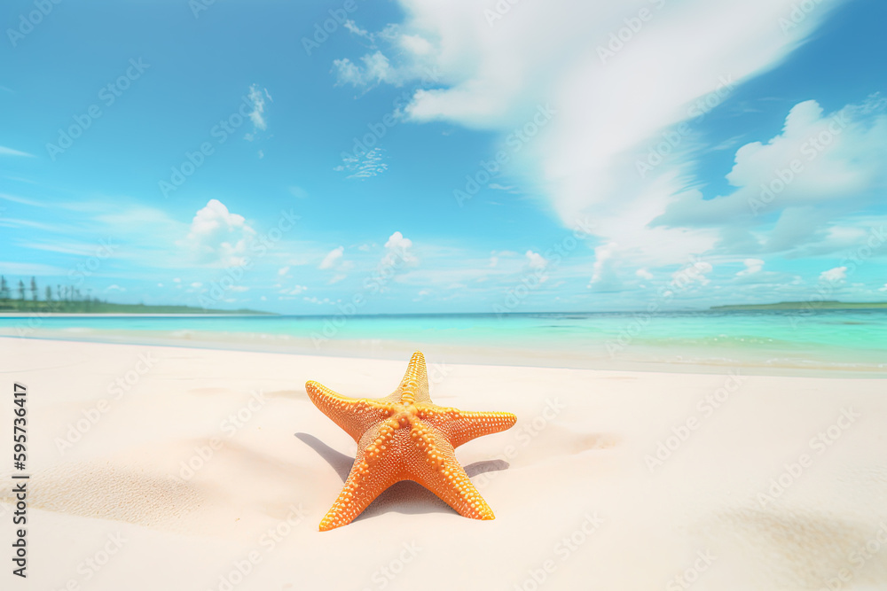 a starfish on a sandy beach with the ocean in the background. Created with Generative AI Technology a starfish on a sandy beach with the ocean in the background. Created with Generative AI Technology