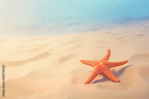 a starfish on a sandy beach with the ocean in the background. Created with Generative AI Technology