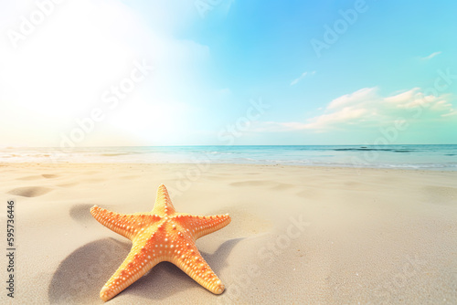 a starfish on a sandy beach with the ocean in the background. Created with Generative AI Technology