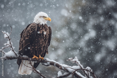 Bald eagle in a snowy storm. AI generative image.