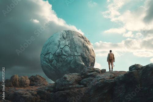 A man stands on the cliff and watches the background of the desert and universe planets surrounded by mountains photo